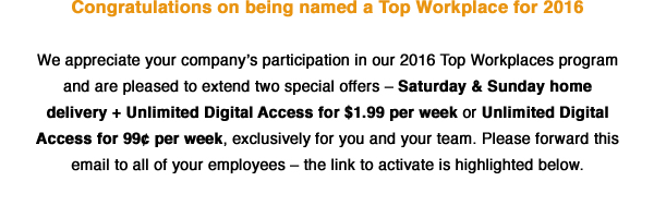 Congratulations on being a Top Workplace for 2016